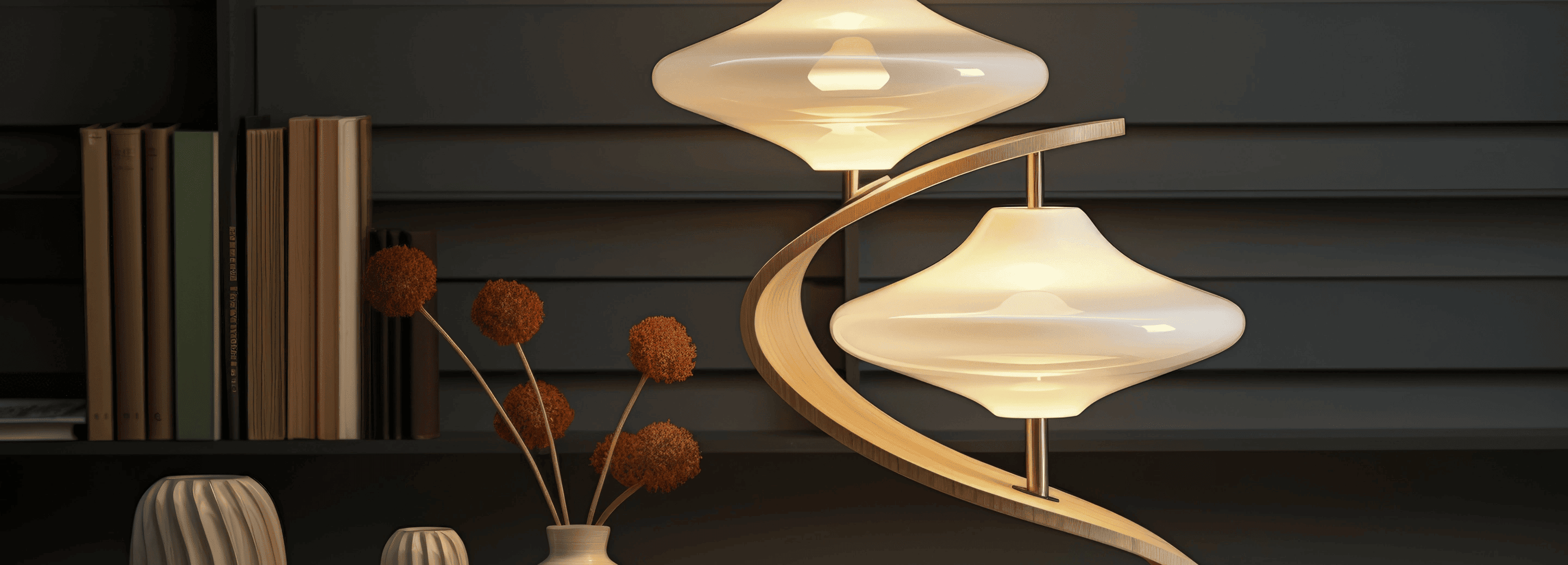 Lampe design en verre opalin et bois courbé – éclairage décoratif moderne pour salon ou bureau – Bob Corner concept store français de décoration