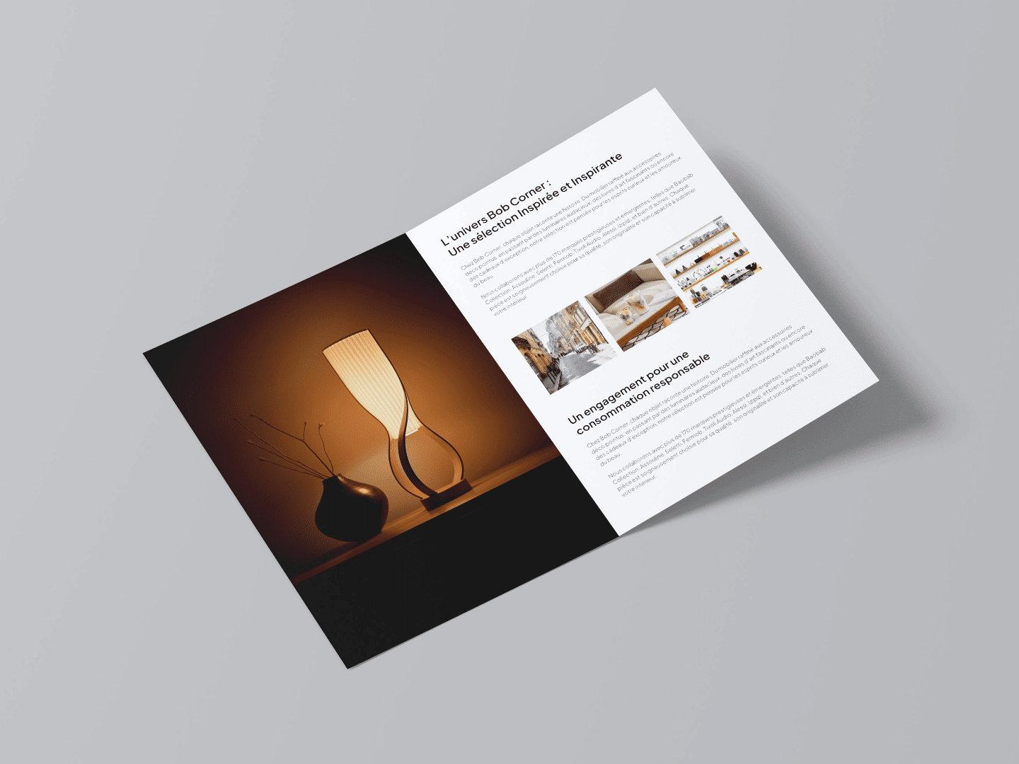 Brochure élégante Bob Corner présentant une lampe design et l’univers déco du concept store français – engagement éthique et inspirations maison