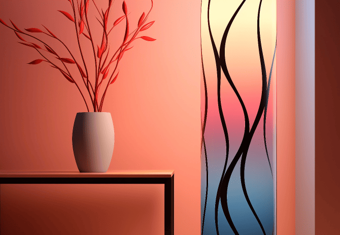 Ambiance déco contemporaine avec vase minimaliste blanc et branches rouges, éclairage mural artistique aux dégradés rose et bleu – univers design Bob Corner