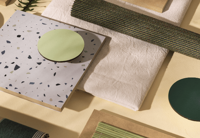 Échantillons de matières et couleurs pour décoration intérieure : terrazzo, lin naturel, vert sauge et textures organiques – inspiration déco Bob Corner